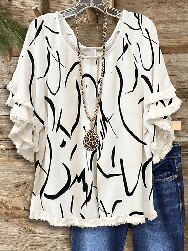 Abstract Line Print Fringed Blouse