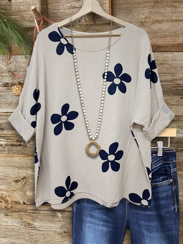Flower Print Raglan Sleeve Casual Blouse