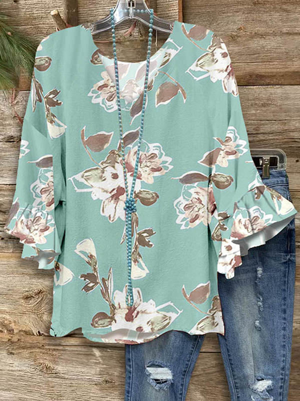 Art Floral Printed Ruffle Blouse