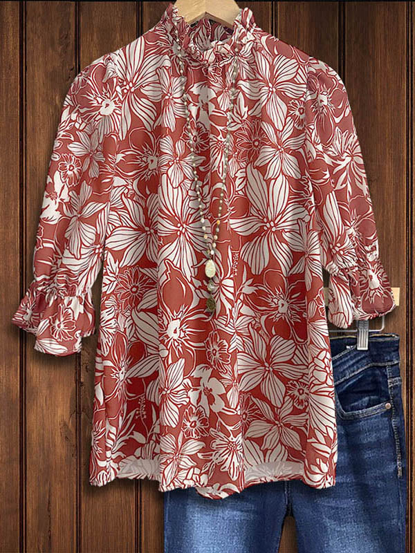 Elegant Floral Print Gathered Blouse