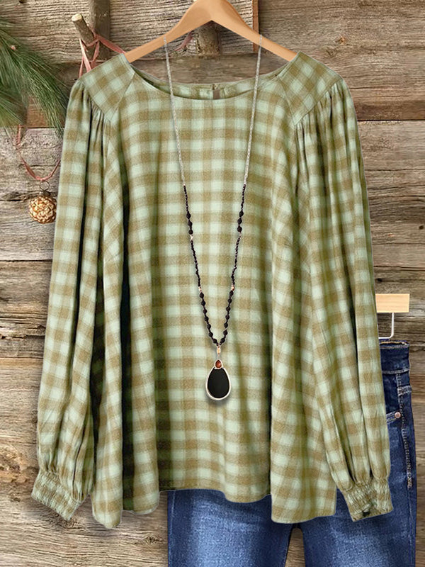 Round Neck Plaid Gathered Loose Top