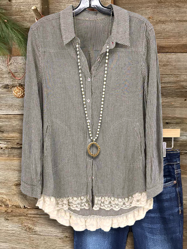 Striped Button Lace Hem Blouse