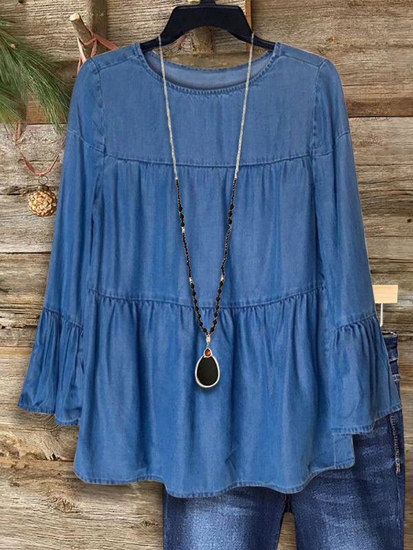 Denim Ruffle Sleeve Layered Blouse