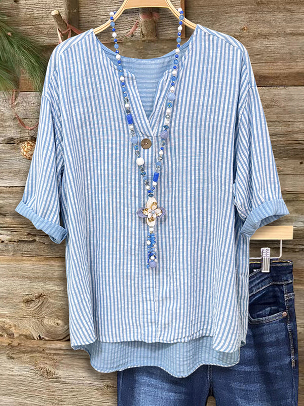 Split Neck Striped Loose Blouse