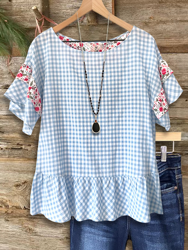 Checkered & Floral Patchwork Ruffle Blouse