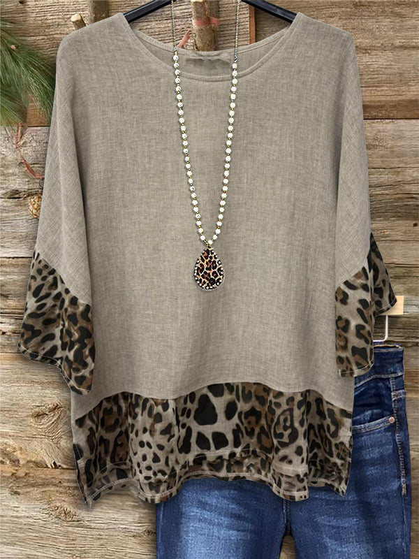 Leopard Print Patchwork Linen Blouse