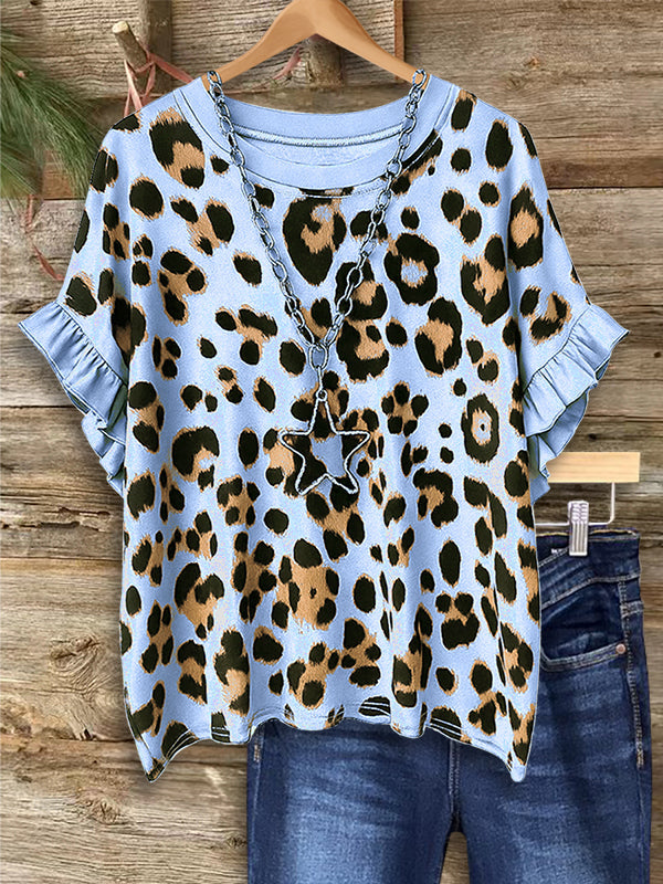 Leopard Print Ruffle Sleeve Blouse