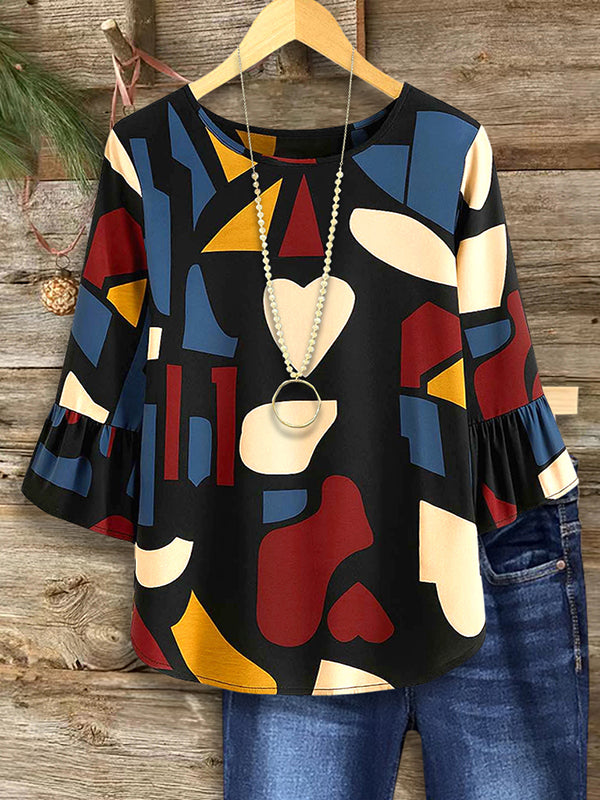 Abstract Ruffle Sleeve Blouse