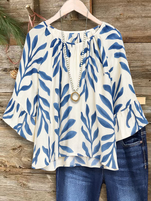 Ocean Leaf Ruffled Sleeve Top