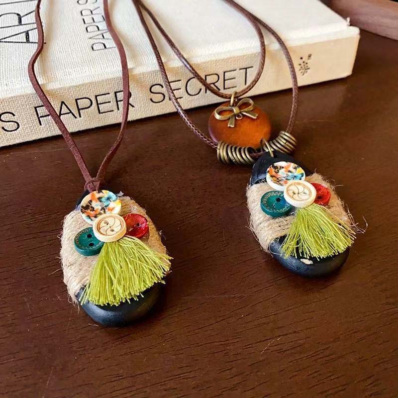 Rustic Charm Button Tassel Necklace