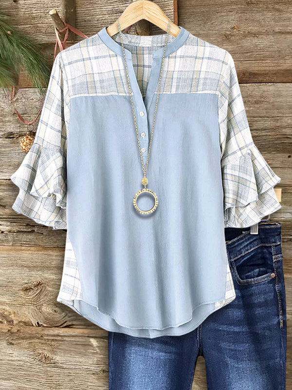 Plaid Yoke Ruffled Sleeve Tunic