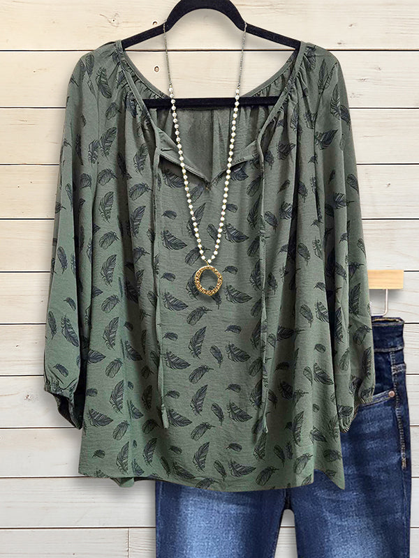 Olive Feather Print Peasant Top