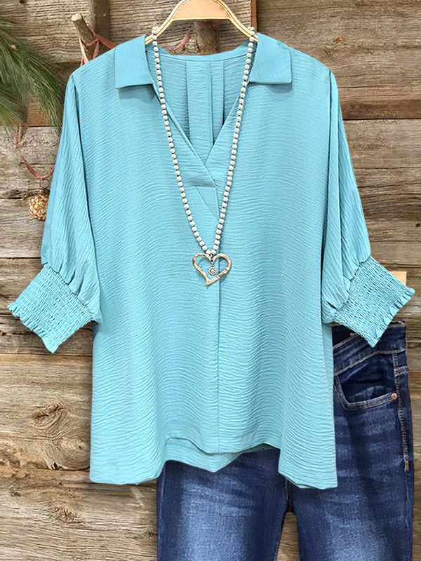 Aqua Smocked Sleeve V-Neck Blouse