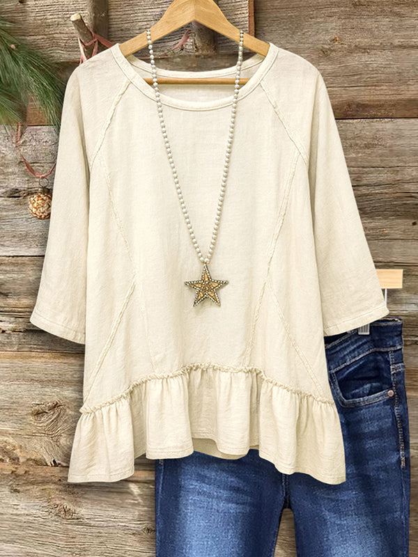 Ivory Ruffle Hem Cotton-Linen Blouse