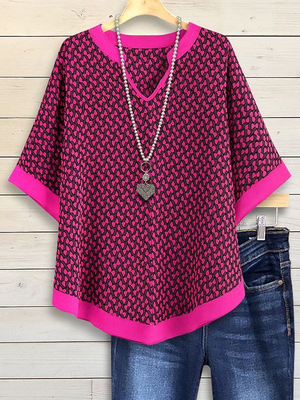 Fuchsia V-Neck Short Sleeve Blouse