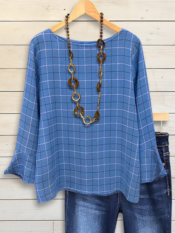Blue Plaid Flare Sleeve Top