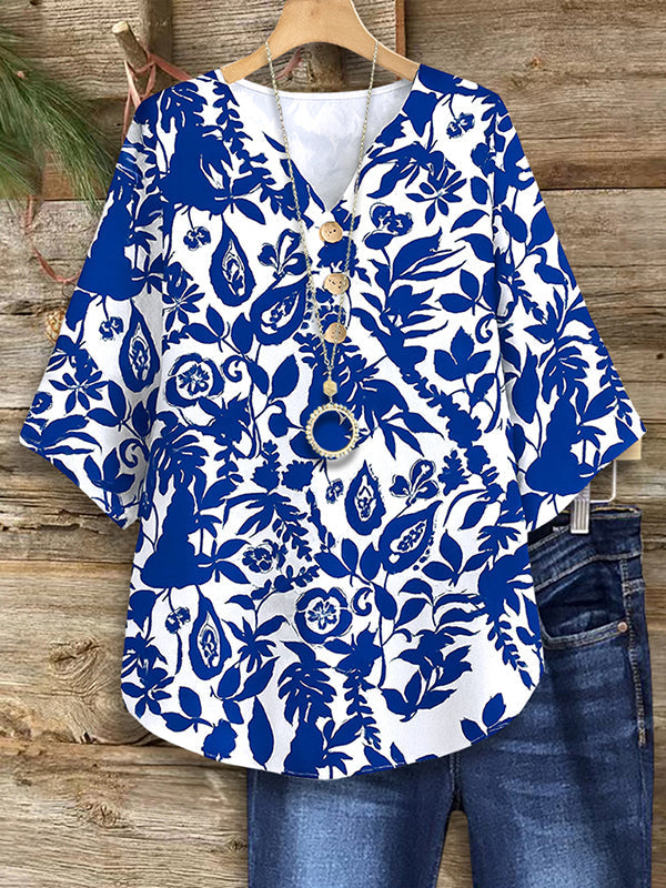 Royal Blue V-Neck Half Sleeve Blouse