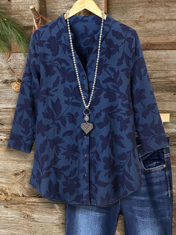 Navy Floral V-Neck Blouse