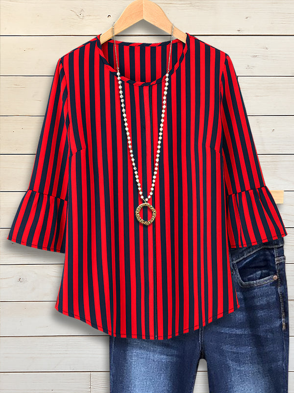 Red Striped Ruffle Sleeve Top