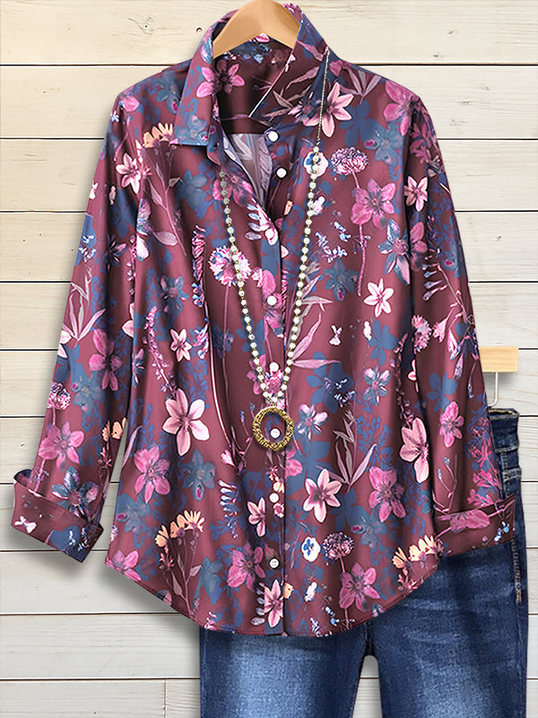 Plum Floral Button-Up Blouse