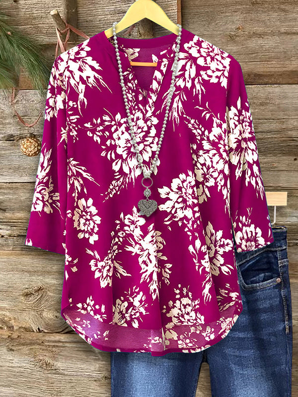 Bold Bloom 3/4 Sleeve V-Neck Top