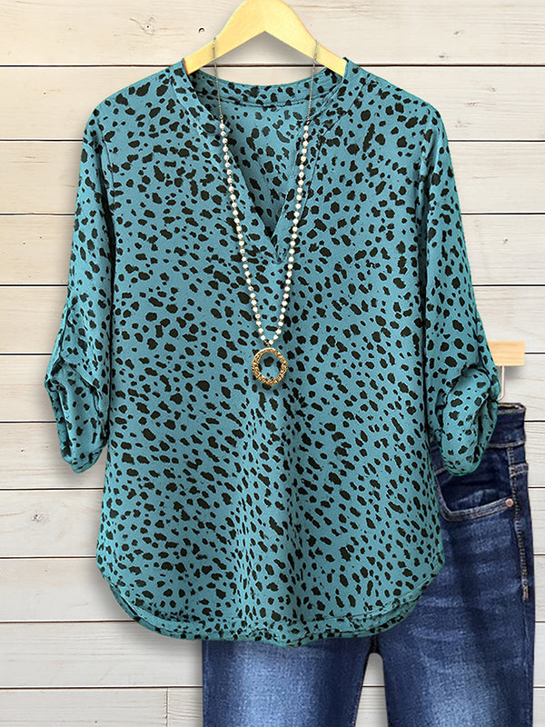 Teal Dotted V-Neck 3/4 Sleeve Top