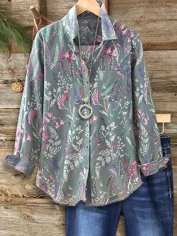 Green Botanical Print Button-Down Shirt