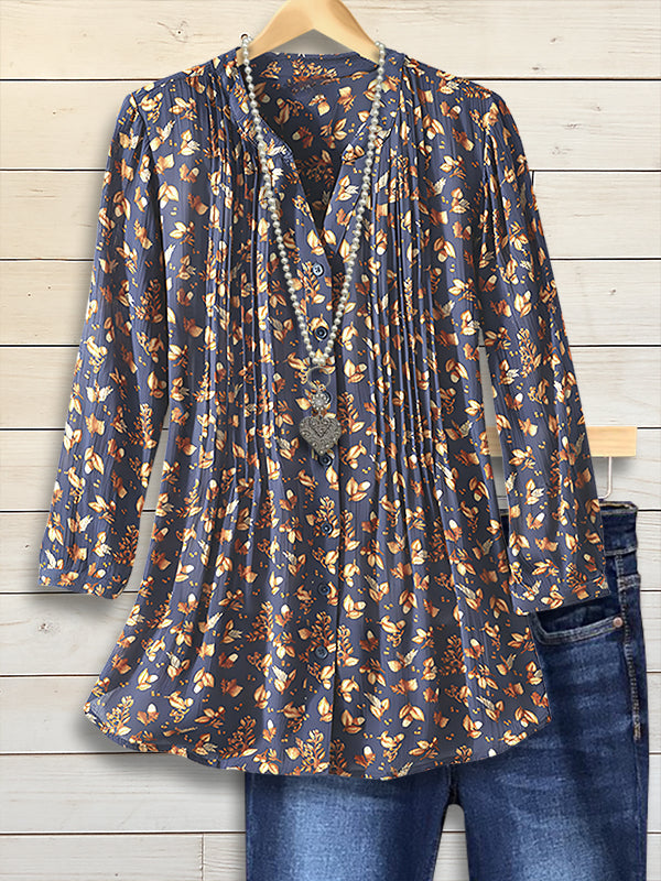 Navy Floral Pleated Long Sleeve Top