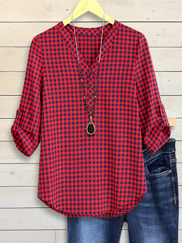 Red Gingham V-Neck 3/4 Sleeve Blouse