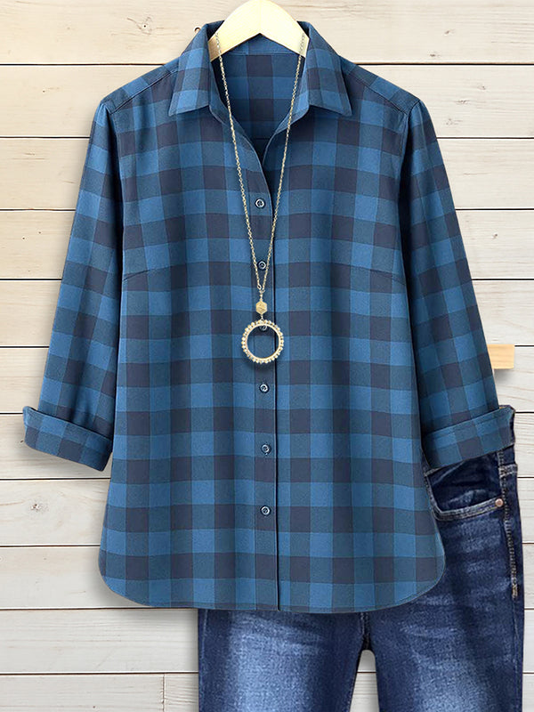 Navy Blue Checkered Button-Down Shirt