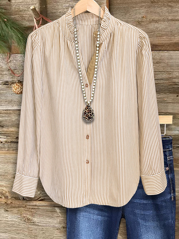 Striped Ruffle Collar Button Blouse