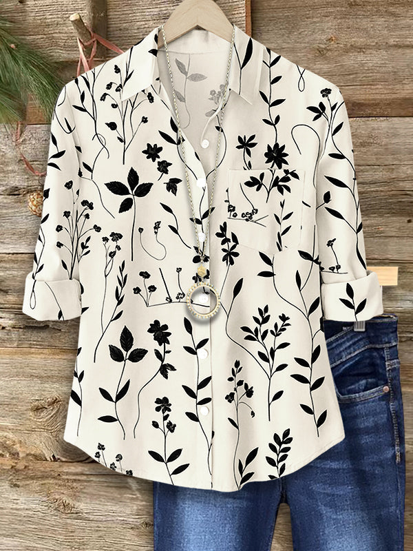 Monochrome Botanical Print Button Shirt