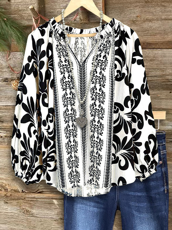 Black & White Bohemian Puff Sleeve Blouse
