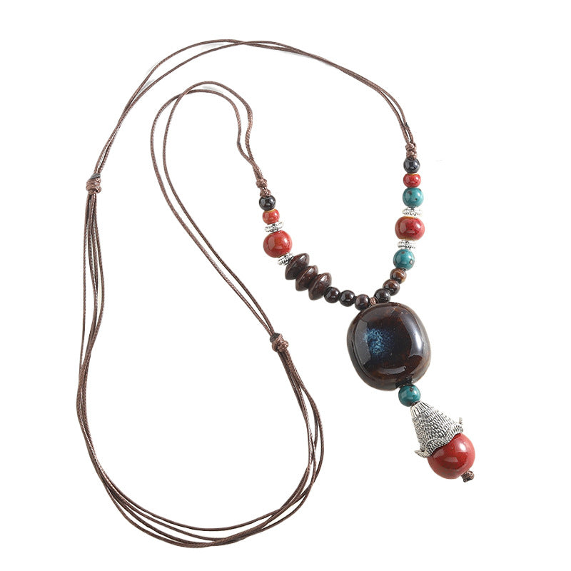 Bohemian Beaded Stone Pendant Necklace