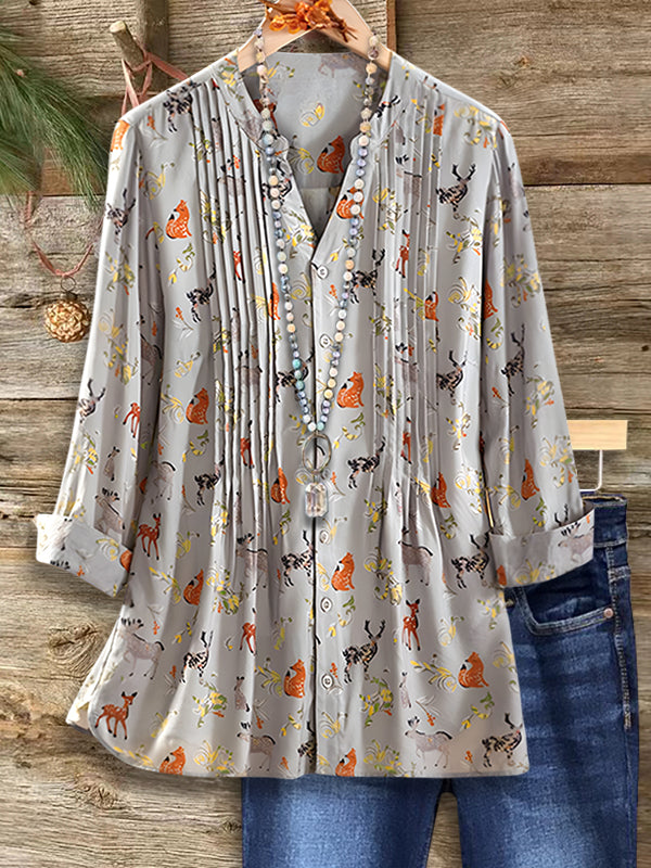 Playful Fox & Friends Pleated V-Neck Blouse