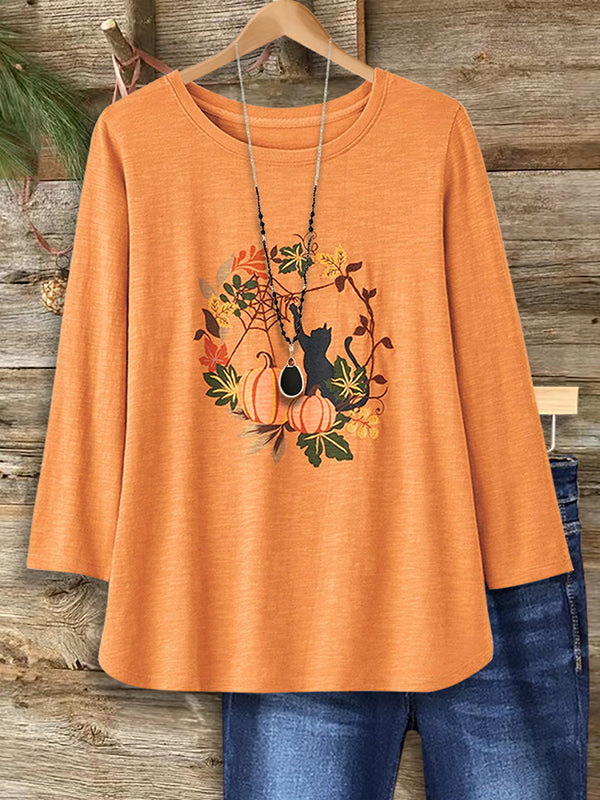 Pumpkin Wreath Round Neck Long Sleeve Tee