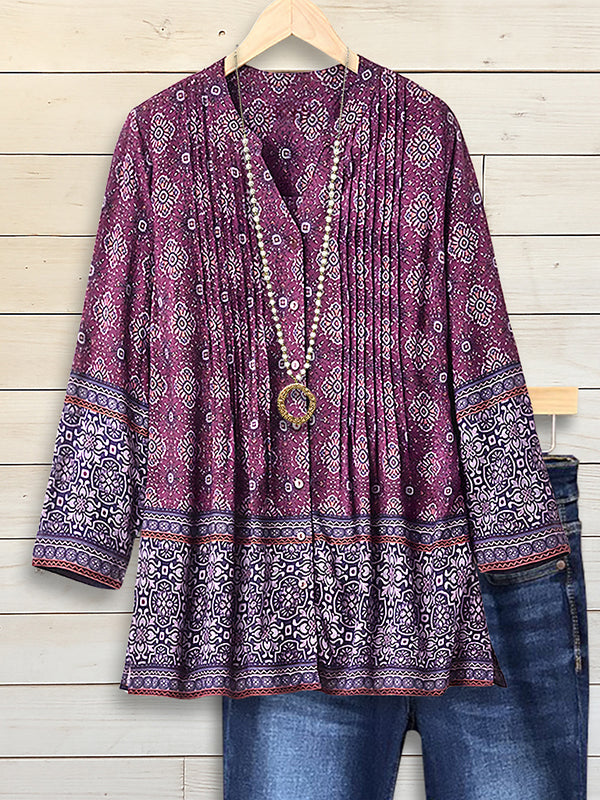 Boho Plum Pleated V-Neck Blouse