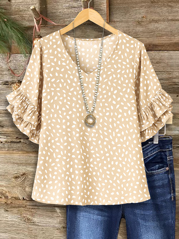 Beige Ruffle Sleeve V-Neck Blouse