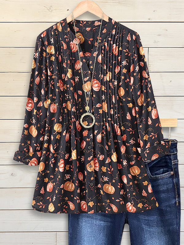 Harvest Pumpkin Pleated V-Neck Blouse