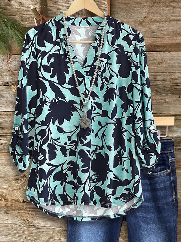 Teal Floral Roll-Up Sleeve V-Neck Blouse