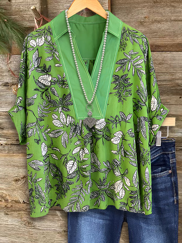 Leafy Green Contrast V-Neck Blouse