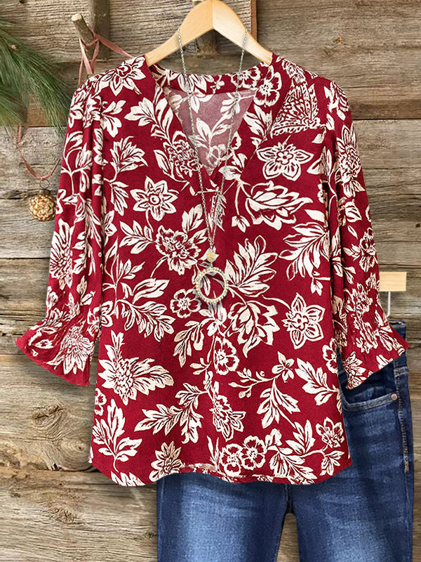 Crimson Blossom V-Neck Ruffle Sleeve Top
