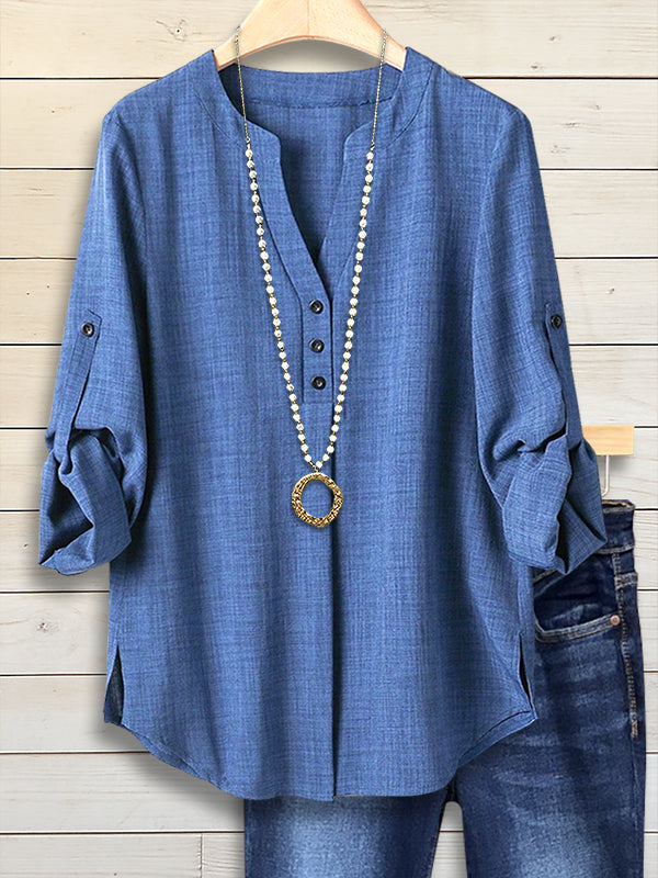 Classic Indigo Button-Up Rolled Sleeve Blouse