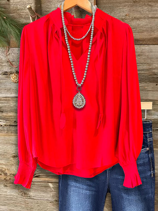 Scarlet Charm Long Sleeve Ruffle Blouse