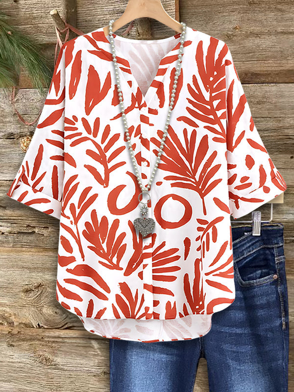 Coral Palm V-Neck Blouse