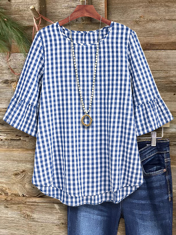 Blue Gingham Ruffle Sleeve Blouse