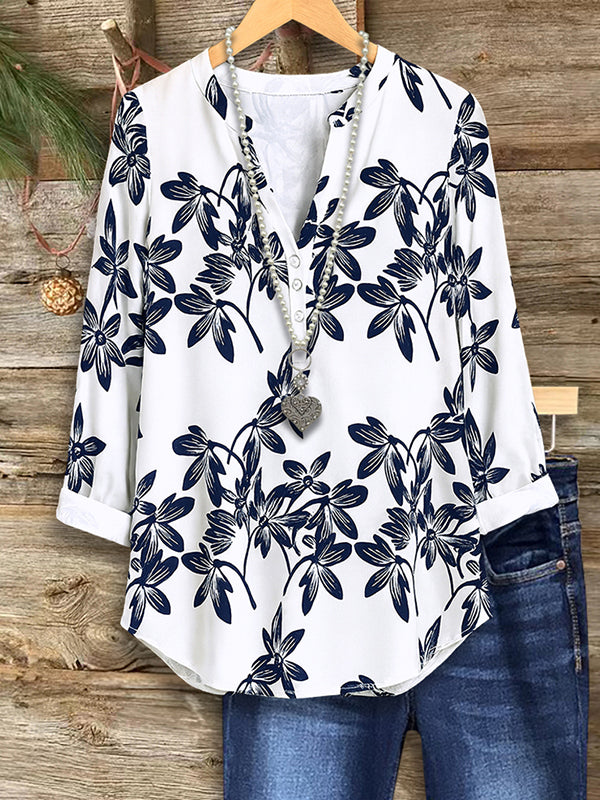 White Floral Print V-Neck Blouse
