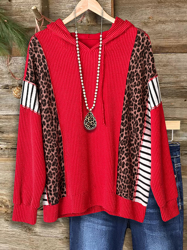 Red Leopard Patchwork Sleeves Hoodie