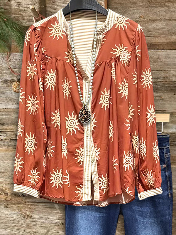 Rust Bohemian Sun Print V-Neck Blouse