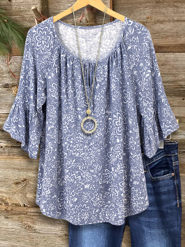 Blue Floral Ruffle Sleeve Blouse